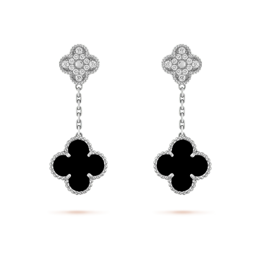 [ORA]CLOVER 2 MOTIFS  DIAMOND ONYX EARRINGS SILVER