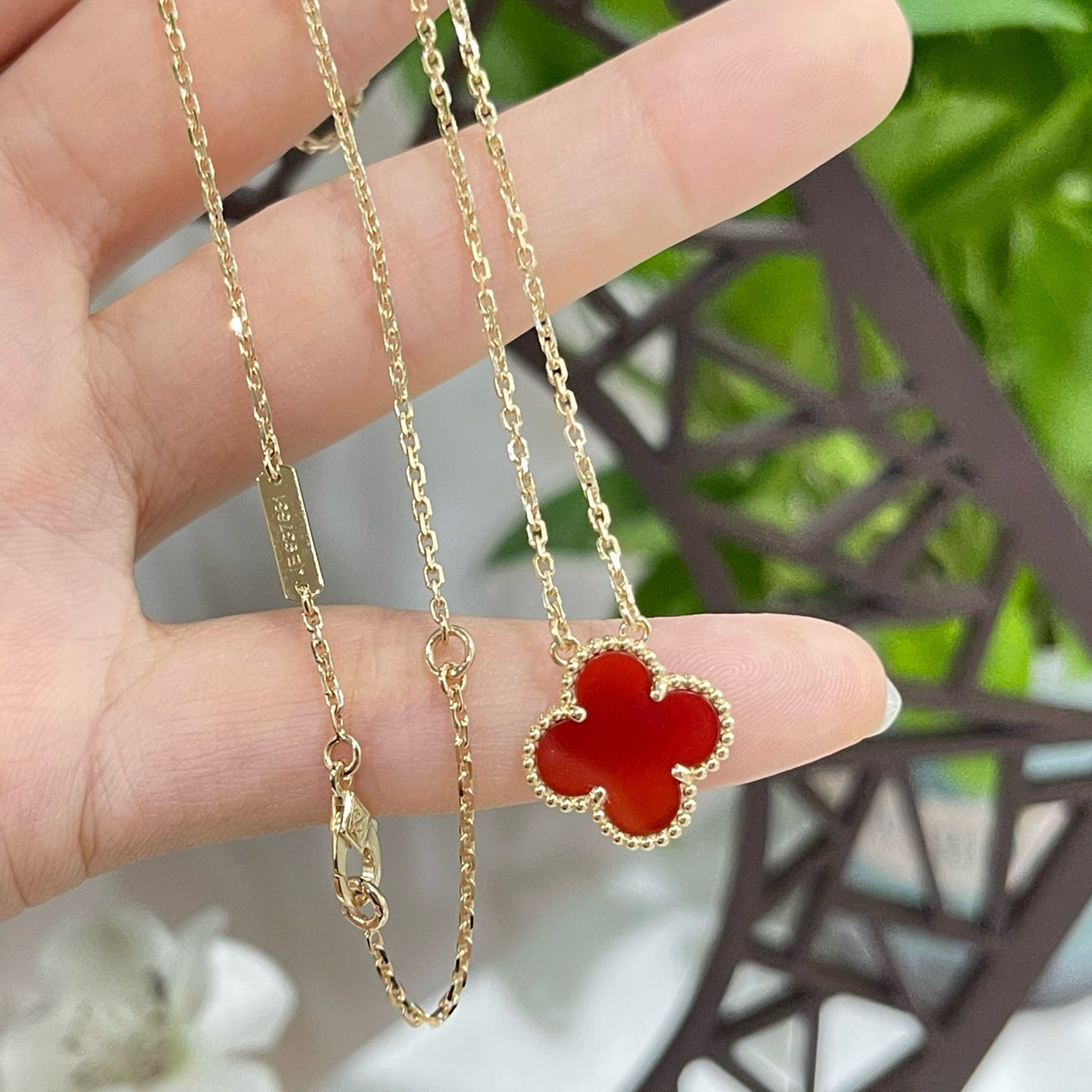 [ORA]CLOVER 15MM CARNELIAN SINGLE FLOWER NECKLACE
