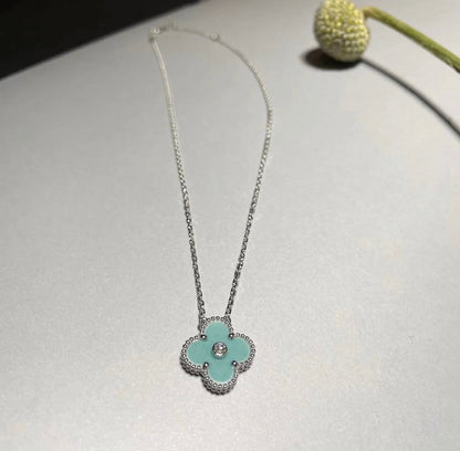 [ORA]CLOVER 1 DIAMOND LIGHT BLUE SILVER NECKLACE