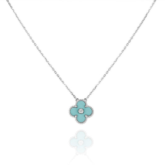 [ORA]CLOVER 1 DIAMOND LIGHT BLUE SILVER NECKLACE