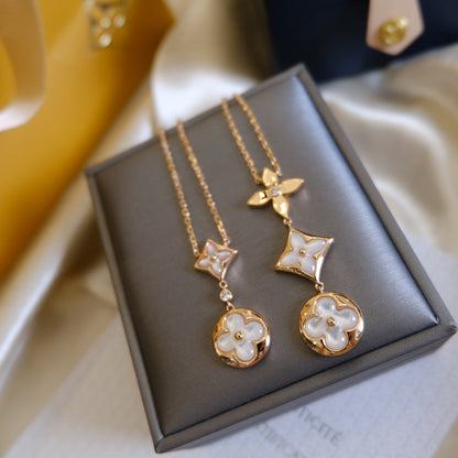 [ORA]COLOR BLOSSOM LARIAT NECKLACE PINK GOLD WHITE MOTHER PEARL AND DIAMOND