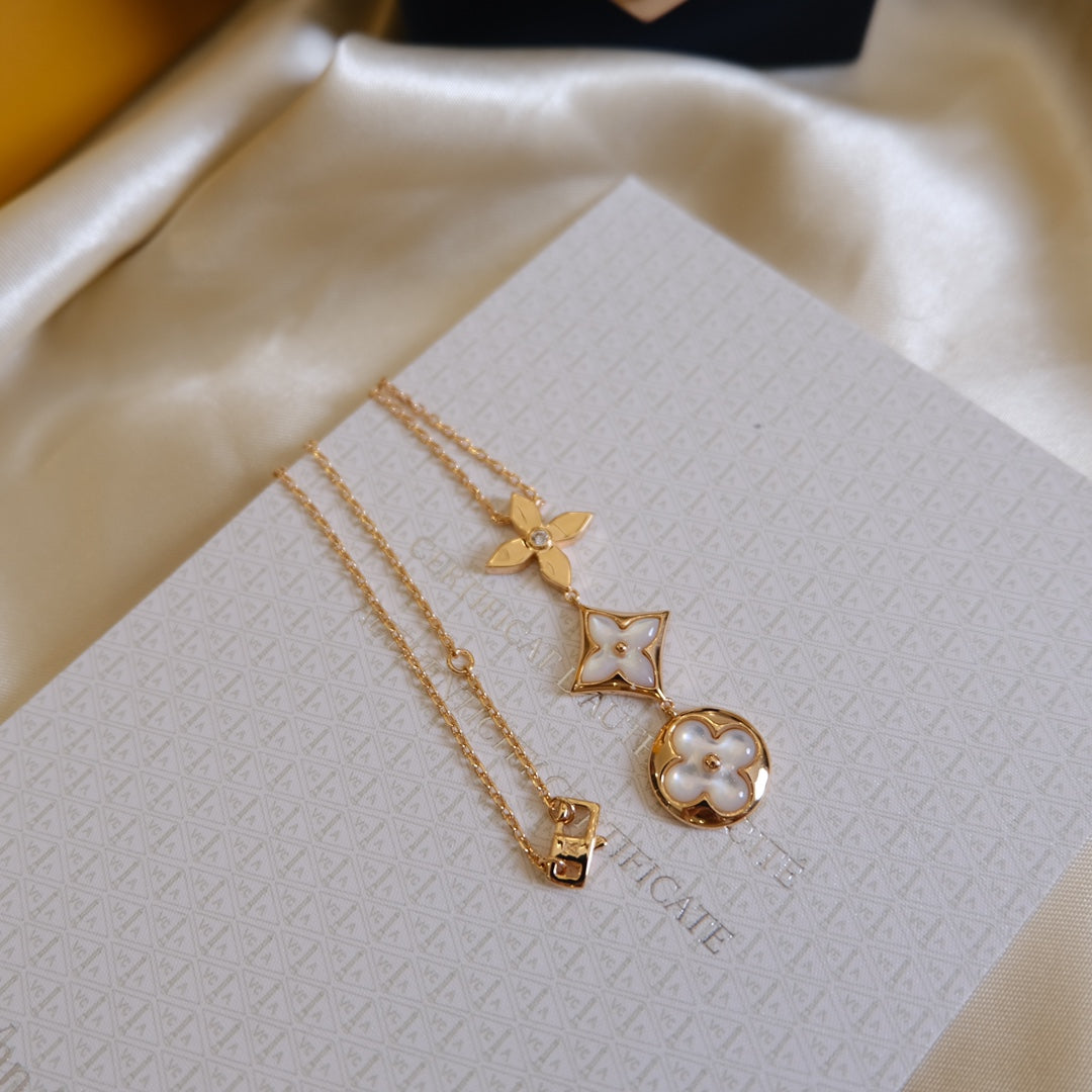[ORA]COLOR BLOSSOM LARIAT NECKLACE PINK GOLD WHITE MOTHER PEARL AND DIAMOND