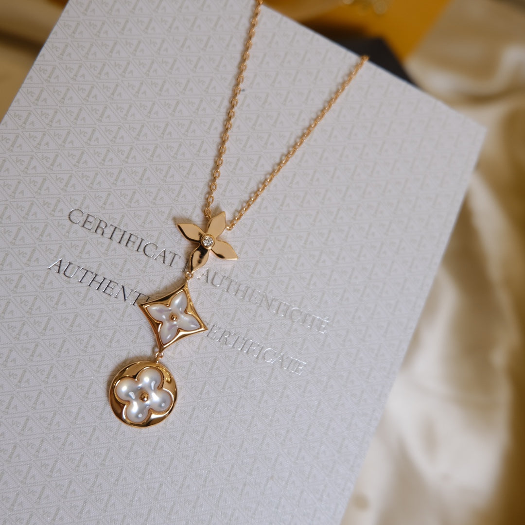 [ORA]COLOR BLOSSOM LARIAT NECKLACE PINK GOLD WHITE MOTHER PEARL AND DIAMOND