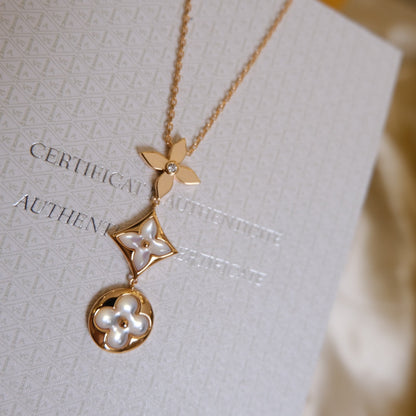 [ORA]COLOR BLOSSOM LARIAT NECKLACE PINK GOLD WHITE MOTHER PEARL AND DIAMOND