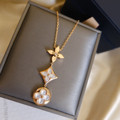 [ORA]COLOR BLOSSOM LARIAT NECKLACE PINK GOLD WHITE MOTHER PEARL AND DIAMOND