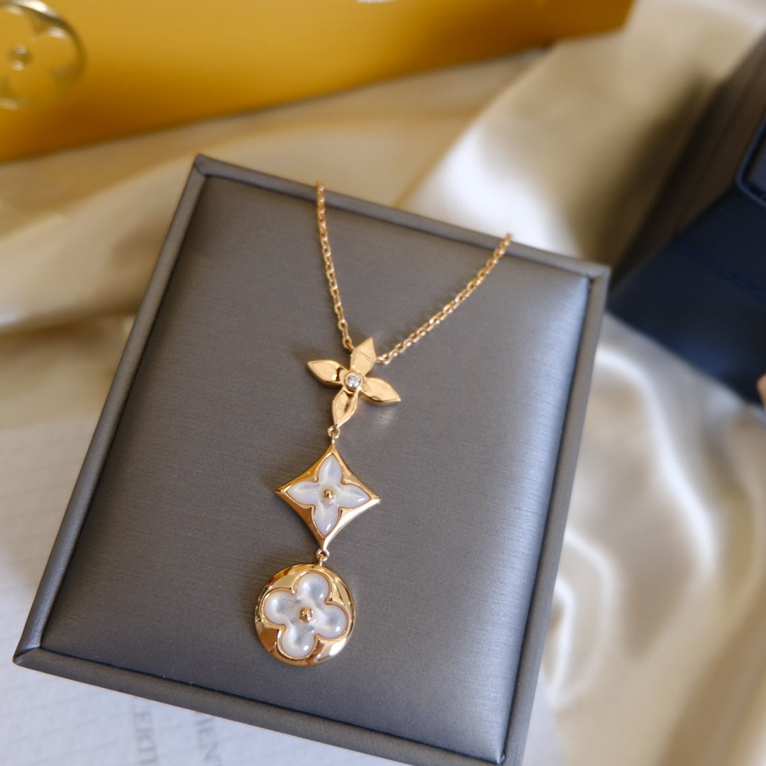 [ORA]COLOR BLOSSOM LARIAT NECKLACE PINK GOLD WHITE MOTHER PEARL AND DIAMOND
