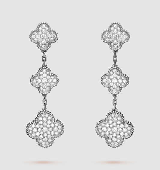 [ORA]CLOVER 3 MOTIF DIAMOND SILVER DROP EARRINGS