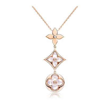 [ORA]COLOR BLOSSOM LARIAT NECKLACE PINK GOLD WHITE MOTHER PEARL AND DIAMOND