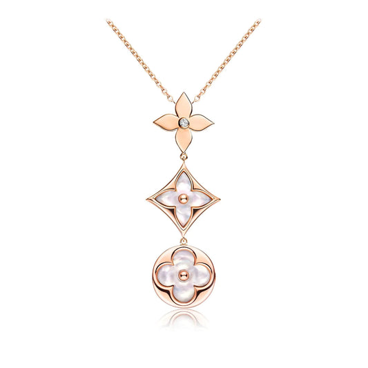 [ORA]COLOR BLOSSOM LARIAT NECKLACE PINK GOLD WHITE MOTHER PEARL AND DIAMOND