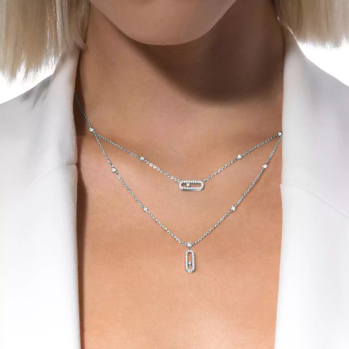 [ORA]2 Rows Rose Gold Diamond Pave_ Necklace Move Uno