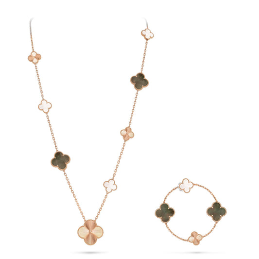 [ORA]DETACHABLE CLOVER 15(11+4) FLOWER ROSE GOLD NECKLACE SET