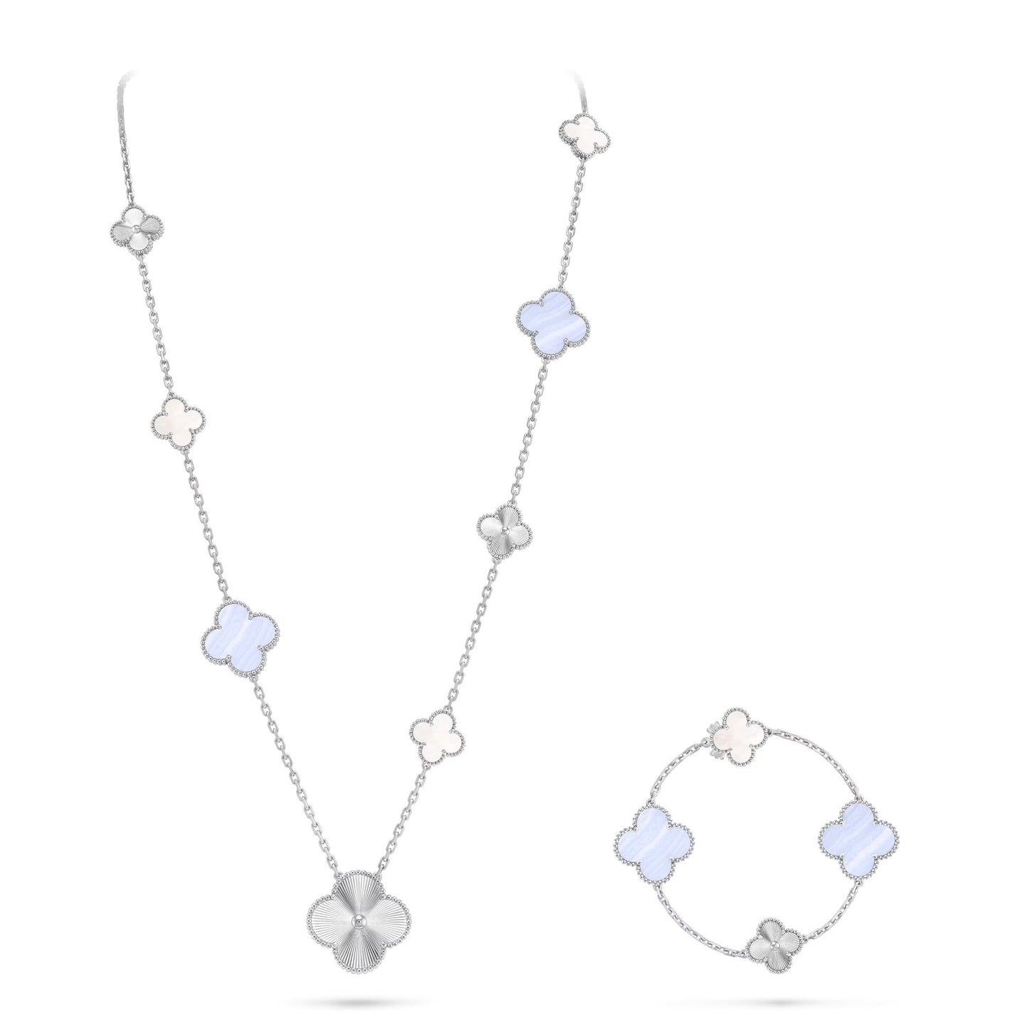[ORA]DETACHABLE CLOVER 15(11+4) FLOWER SILVER NECKLACE SET