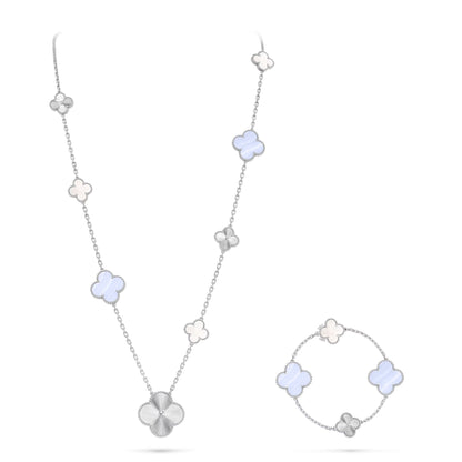 [ORA]DETACHABLE CLOVER 15(11+4) FLOWER SILVER NECKLACE SET