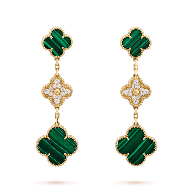 [ORA]CLOVER EARRINGS GOLD MALACHITE DIAMOND 3 MOTIF