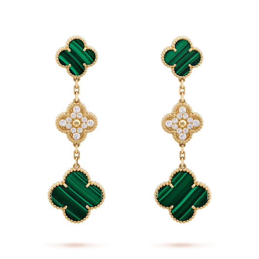 [ORA]CLOVER EARRINGS GOLD MALACHITE DIAMOND 3 MOTIF