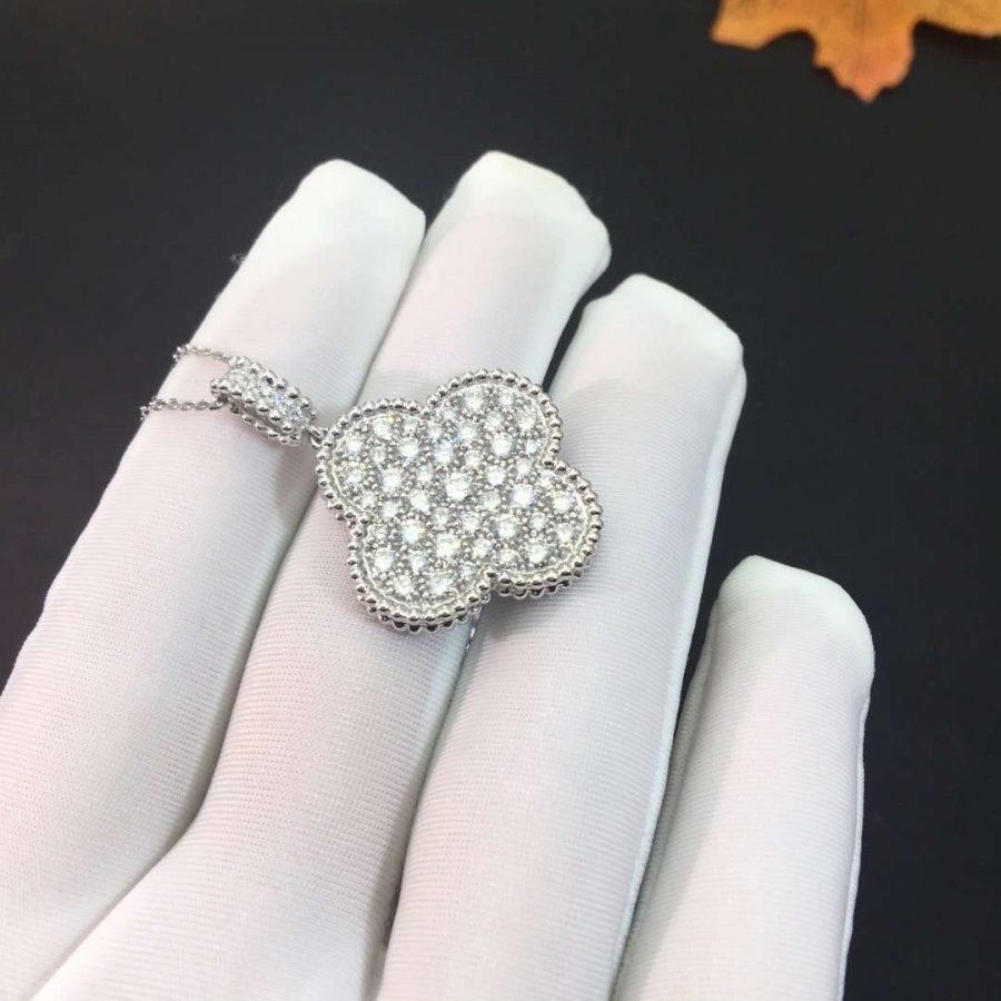 [ORA]CLOVER 25MM SILBER VOLL DIAMANT GROSSE KLEE HALSKEEDE