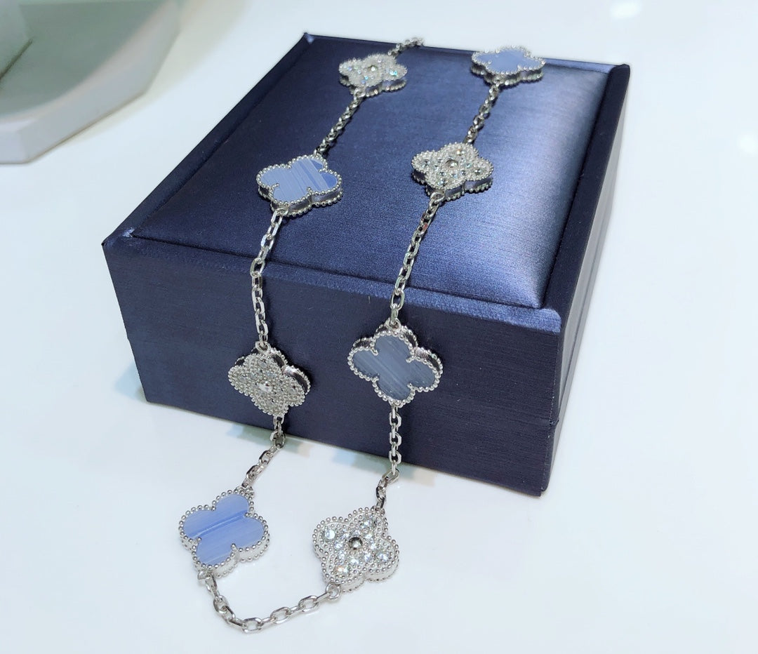 [ORA]KLEE 10 MOTIVE CHALCEDON DIAMANTEN SILBER HALSKETTE