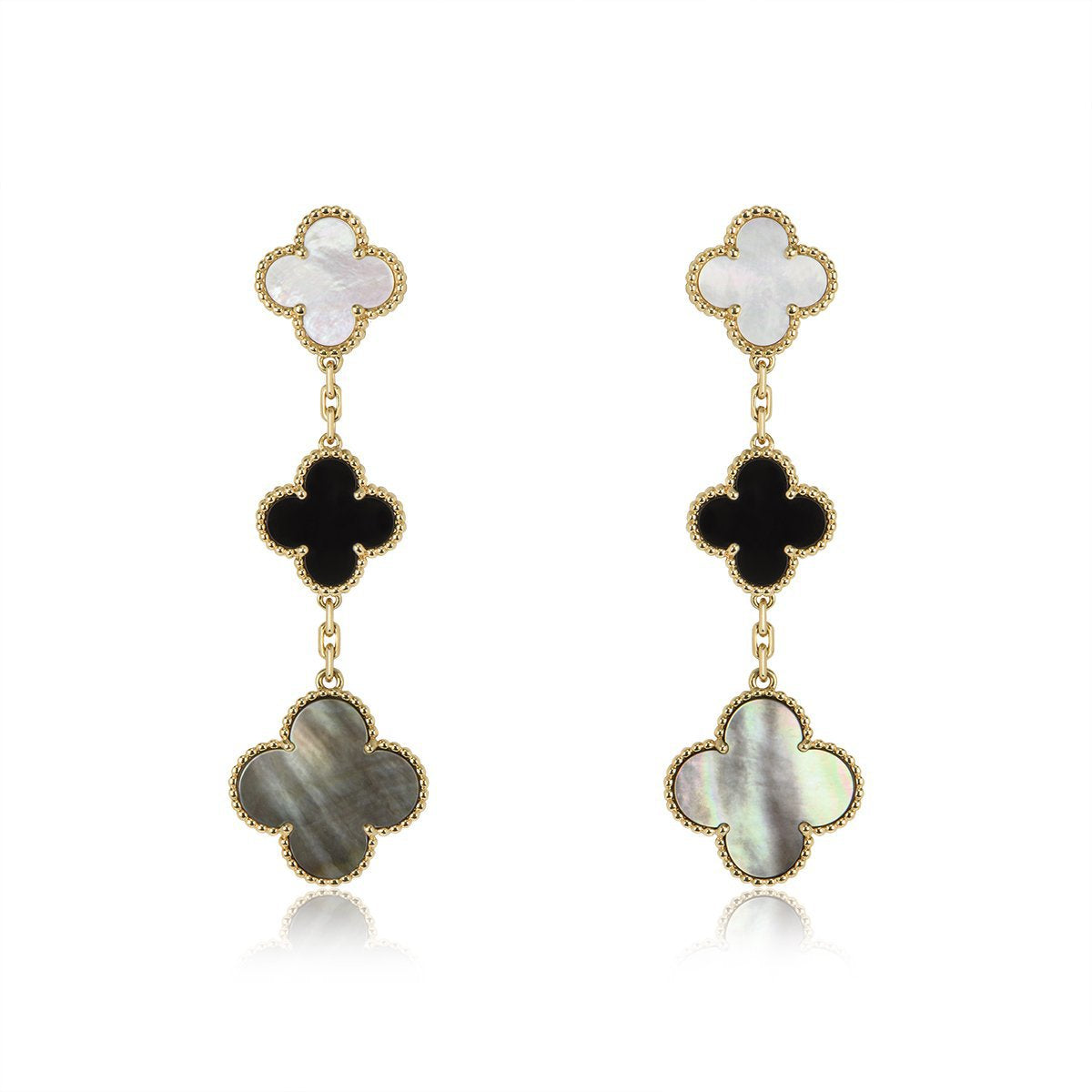 [ORA]CLOVER EARRINGS GOLD ONYX MOP 3 MOTIF