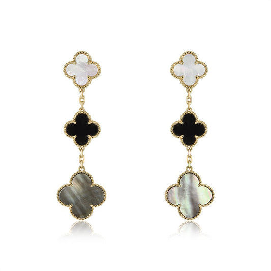 [ORA]CLOVER EARRINGS GOLD ONYX MOP 3 MOTIF